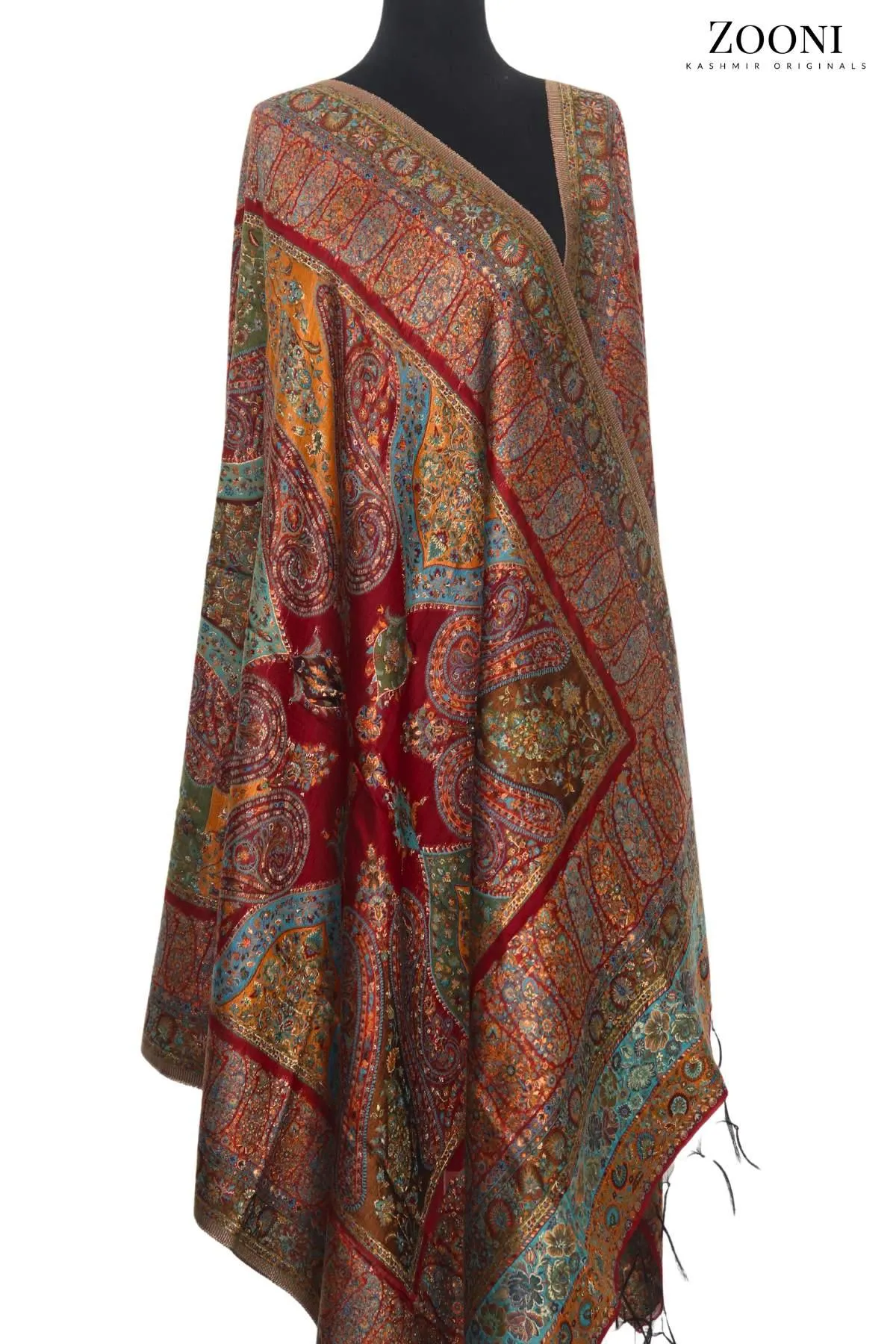 Superfine Kaani Jaamawar Silk Summer Shawl - Maroon Paisleys