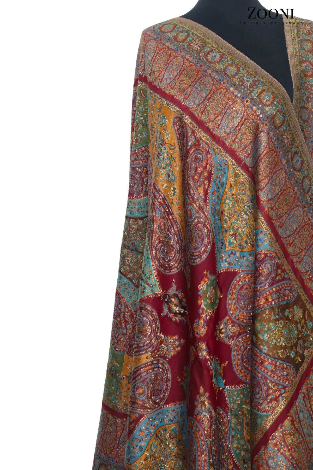 Superfine Kaani Jaamawar Silk Summer Shawl - Maroon Paisleys