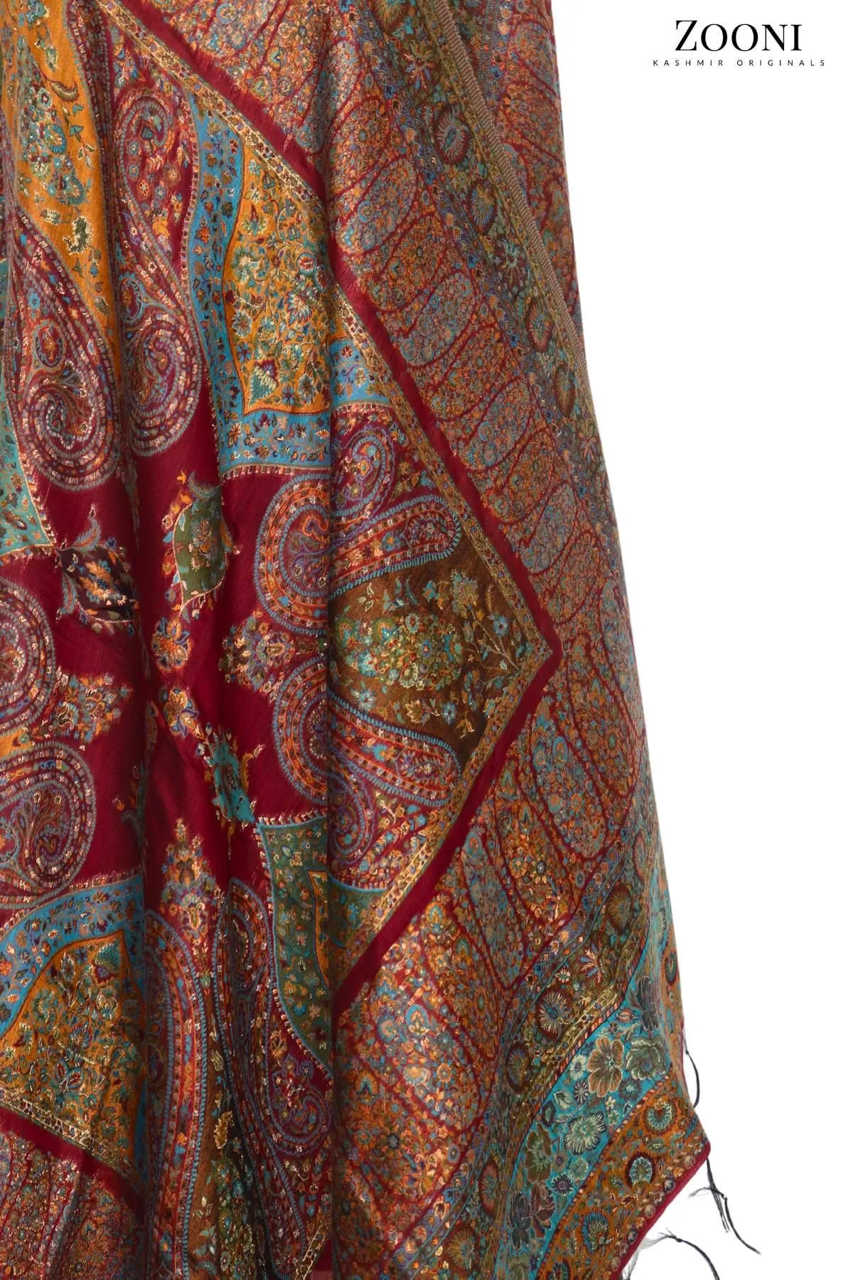 Superfine Kaani Jaamawar Silk Summer Shawl - Maroon Paisleys