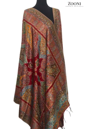 Superfine Kaani Jaamawar Silk Summer Shawl - Maroon Paisleys