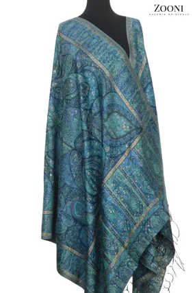Superfine Kaani Jaamawar Silk Summer Shawl - Ocean