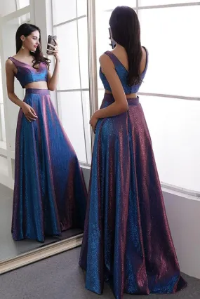Two Piece Blue Long Prom Dresses V Neck Evening Dresses PDA013