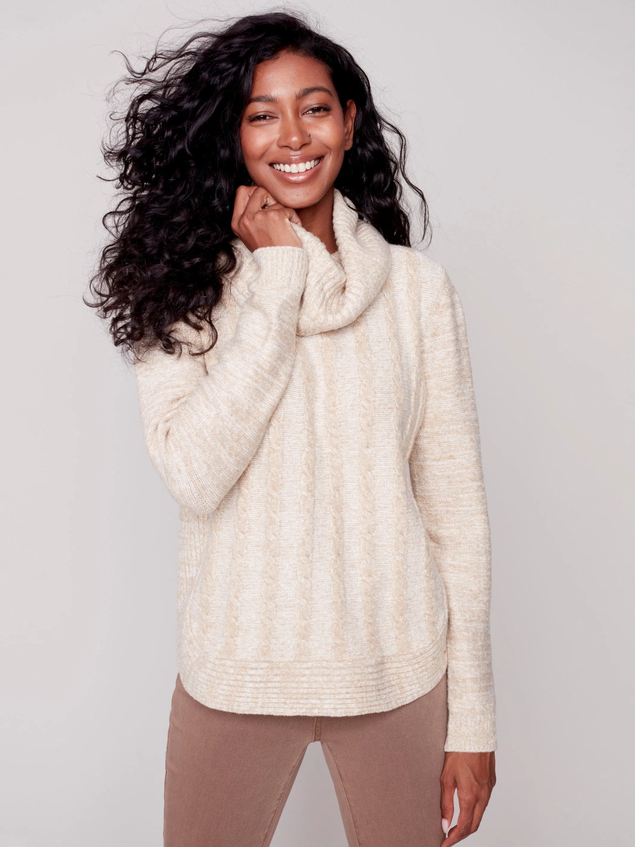 Two-Toned Cable Knit Cowl Neck Sweater - Almond