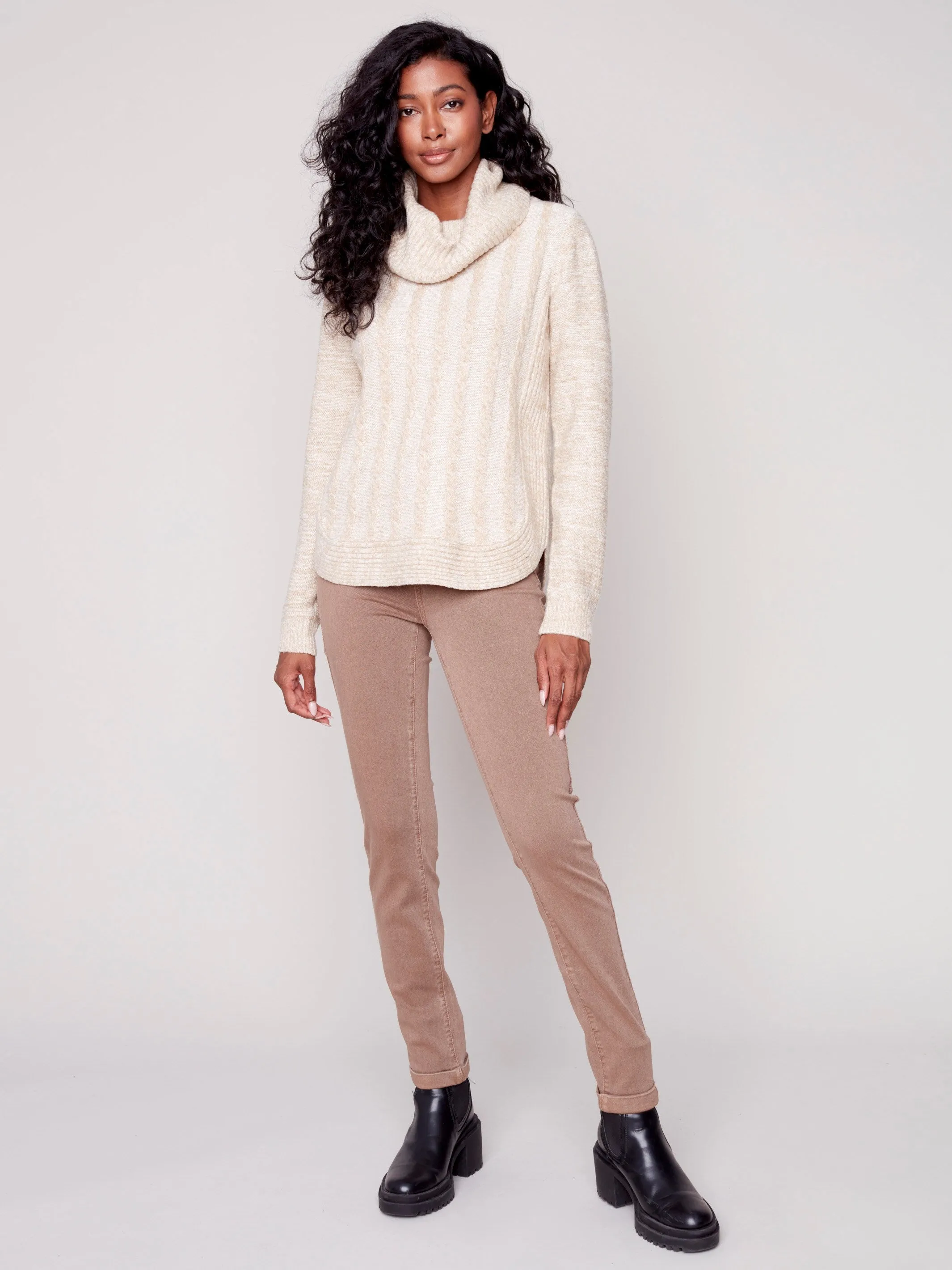 Two-Toned Cable Knit Cowl Neck Sweater - Almond