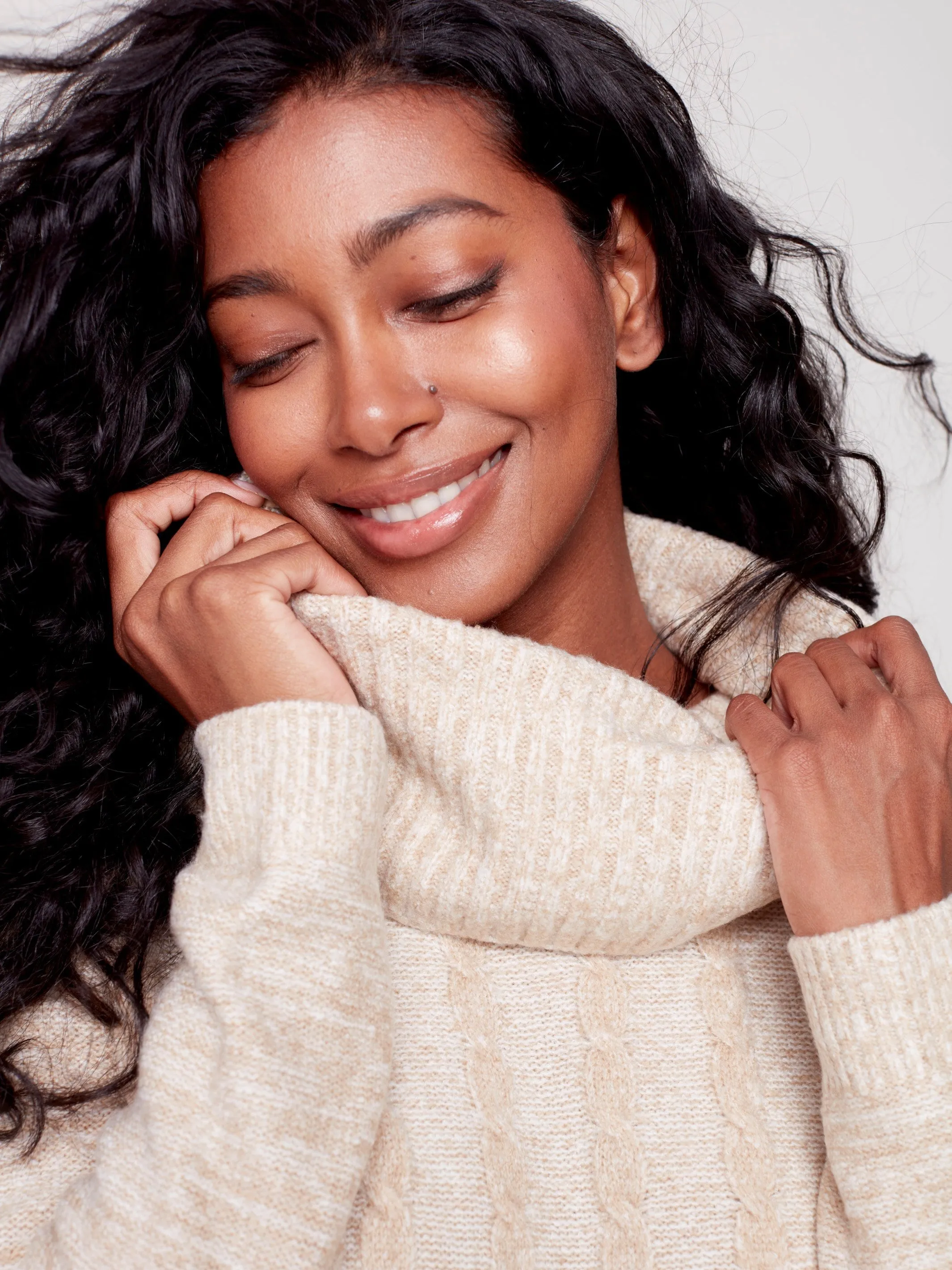 Two-Toned Cable Knit Cowl Neck Sweater - Almond