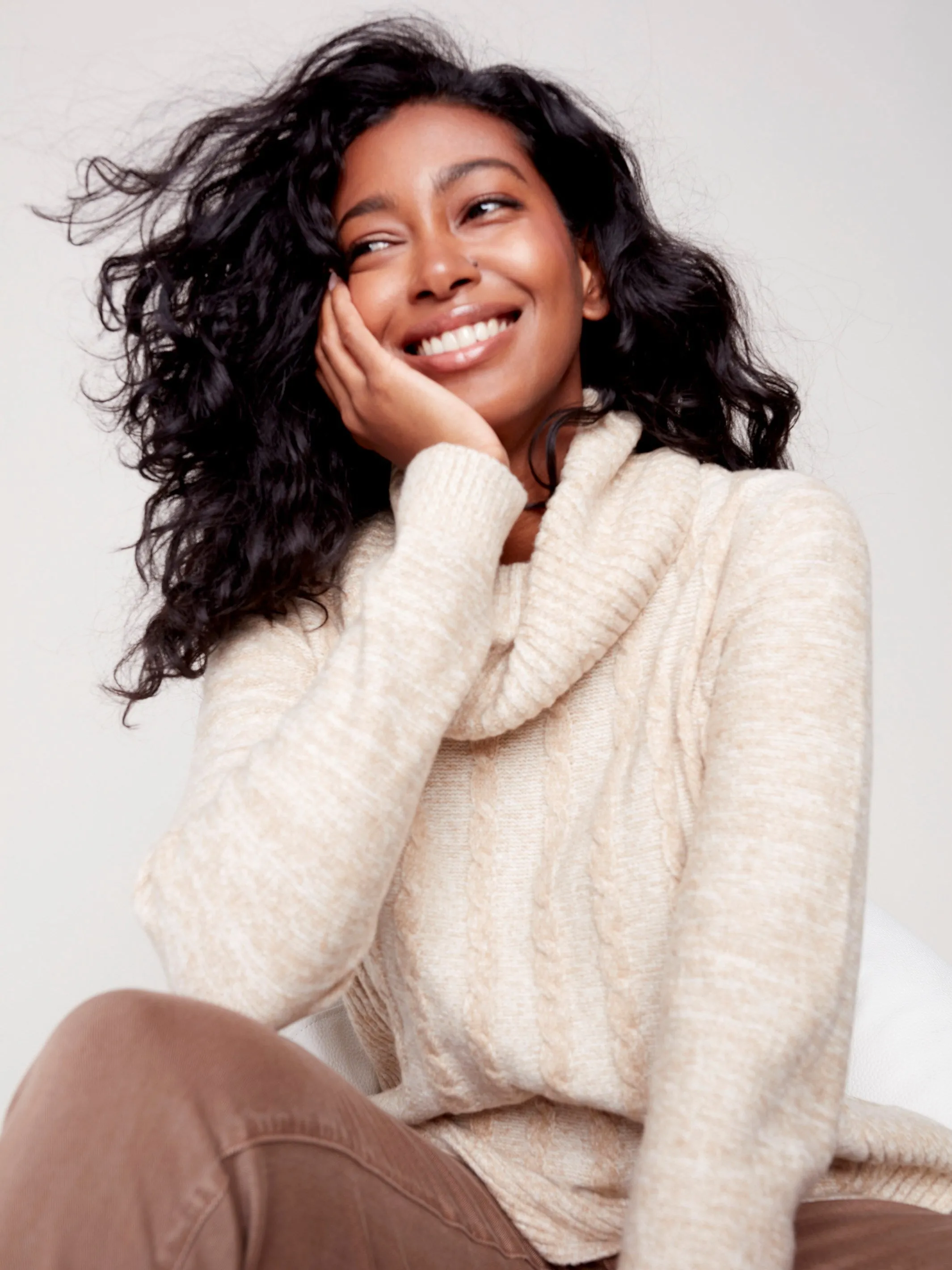 Two-Toned Cable Knit Cowl Neck Sweater - Almond