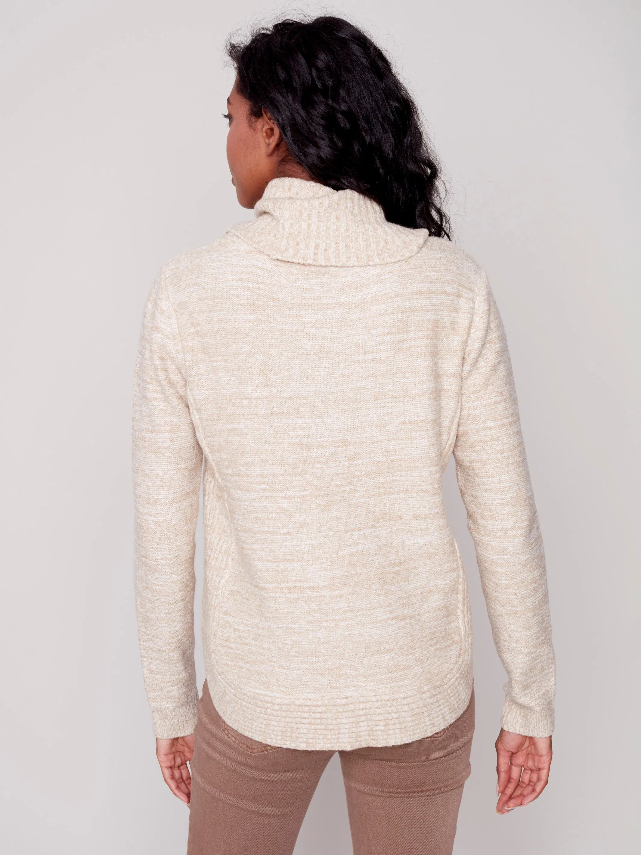 Two-Toned Cable Knit Cowl Neck Sweater - Almond