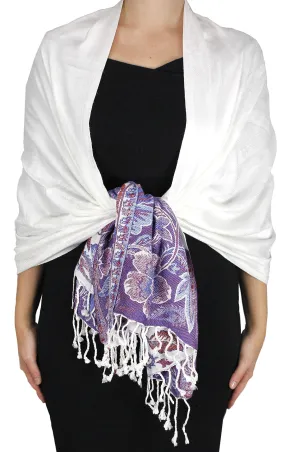 White Peach Couture Exclusive Paisley Floral Border Reversible Pashmina Wrap Shawl