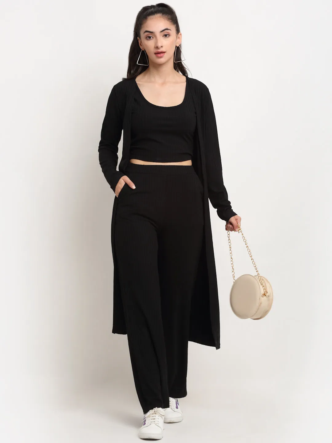 Women Black Round Neck Solid Sets