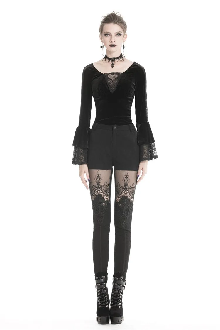 Women gothic punk victorian tight trousers with flower PW089