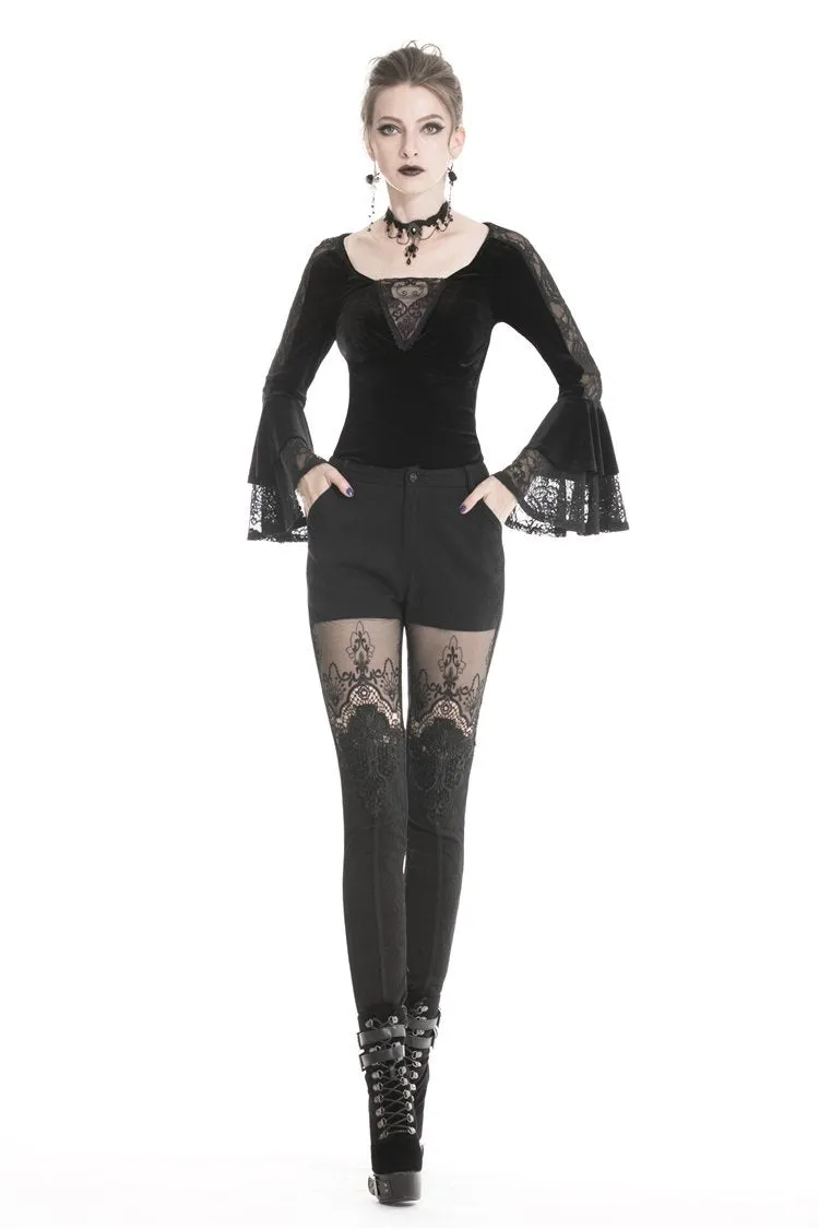 Women gothic punk victorian tight trousers with flower PW089