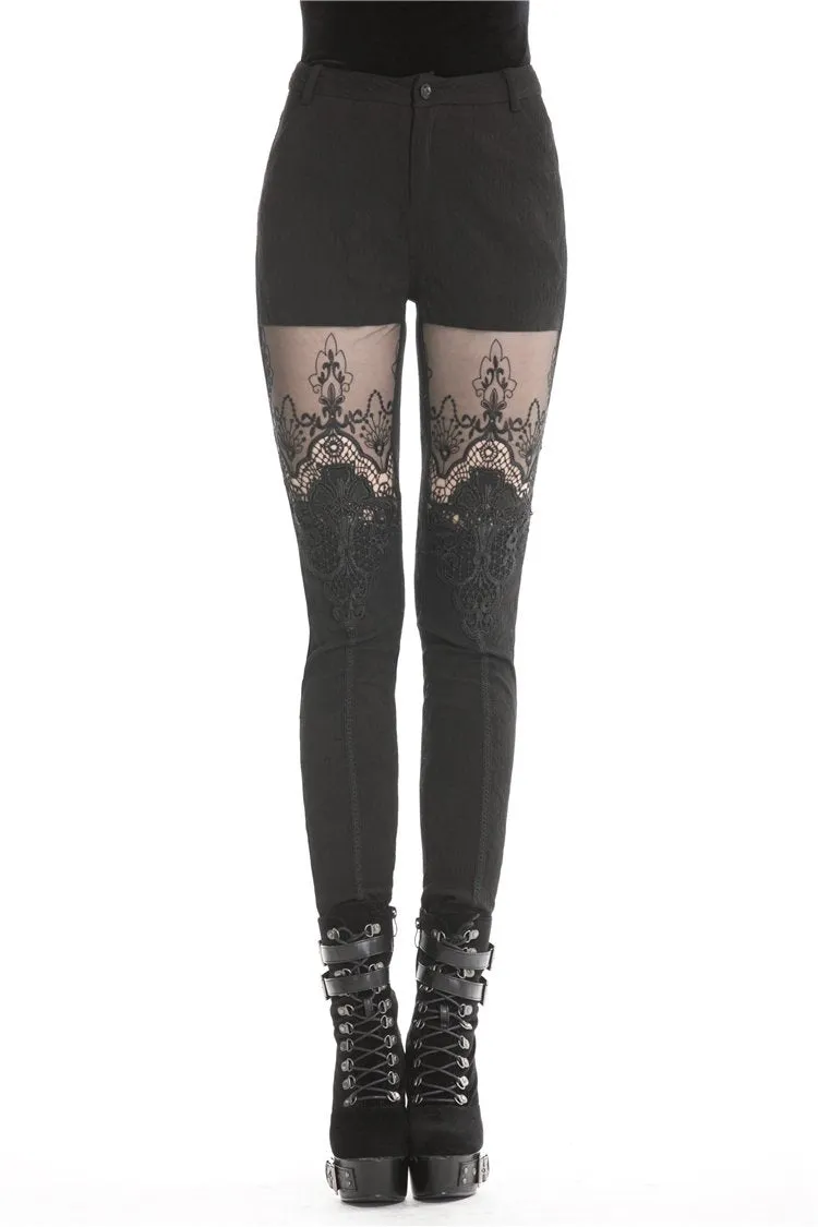 Women gothic punk victorian tight trousers with flower PW089