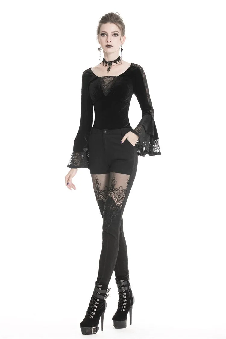 Women gothic punk victorian tight trousers with flower PW089