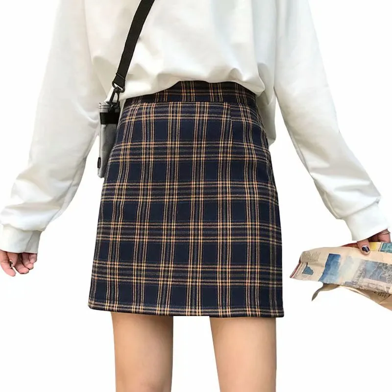 Women Korean Hip Flattering Skirt Chic Hong Kong Vintage Chequered High Waist A-Line Student Skirt