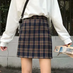 Women Korean Hip Flattering Skirt Chic Hong Kong Vintage Chequered High Waist A-Line Student Skirt
