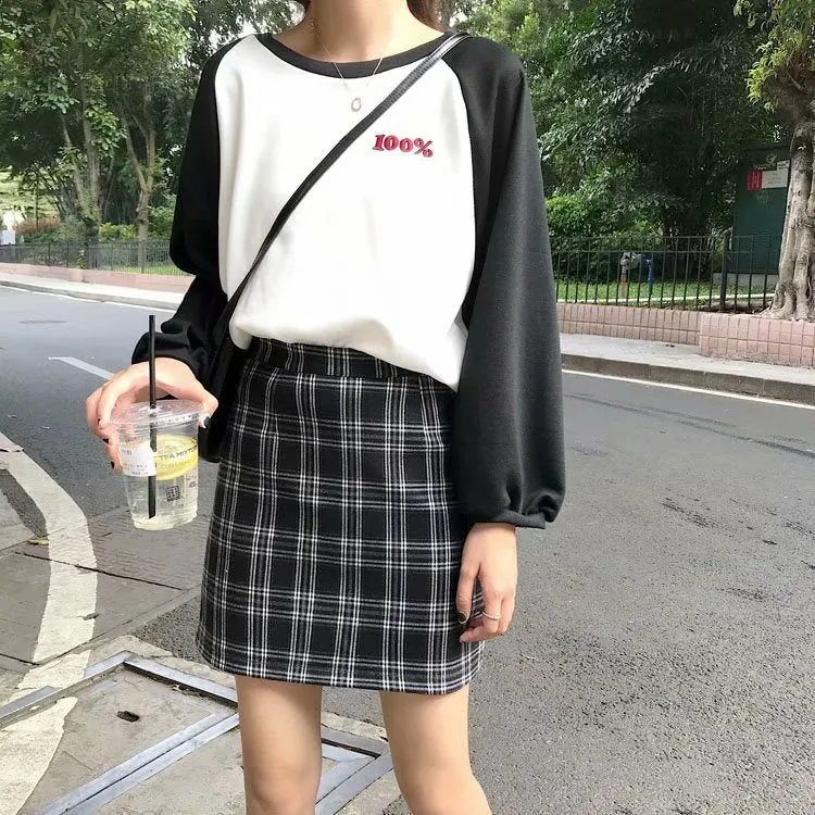 Women Korean Hip Flattering Skirt Chic Hong Kong Vintage Chequered High Waist A-Line Student Skirt
