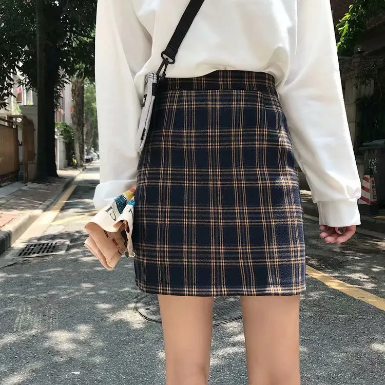 Women Korean Hip Flattering Skirt Chic Hong Kong Vintage Chequered High Waist A-Line Student Skirt