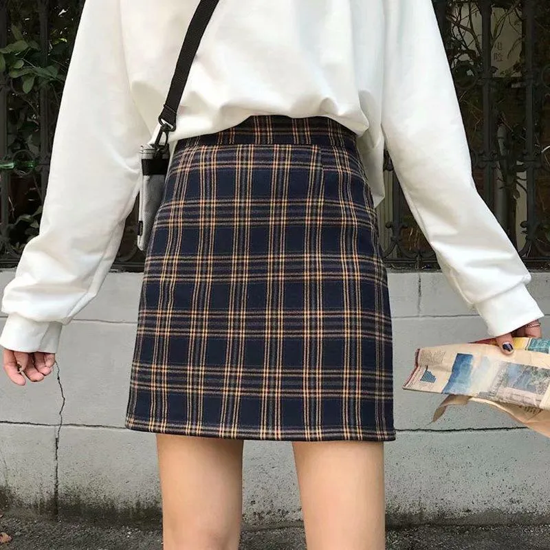 Women Korean Hip Flattering Skirt Chic Hong Kong Vintage Chequered High Waist A-Line Student Skirt