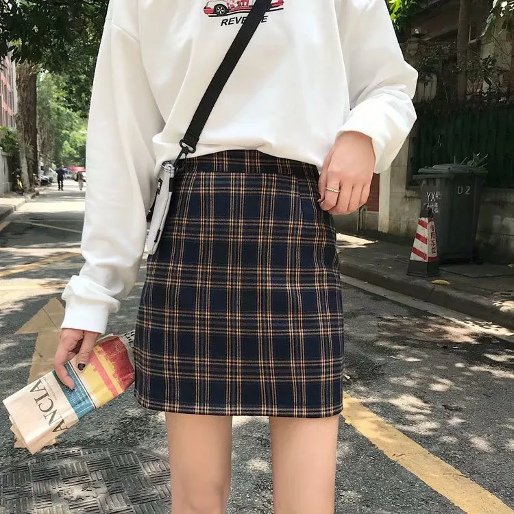 Women Korean Hip Flattering Skirt Chic Hong Kong Vintage Chequered High Waist A-Line Student Skirt