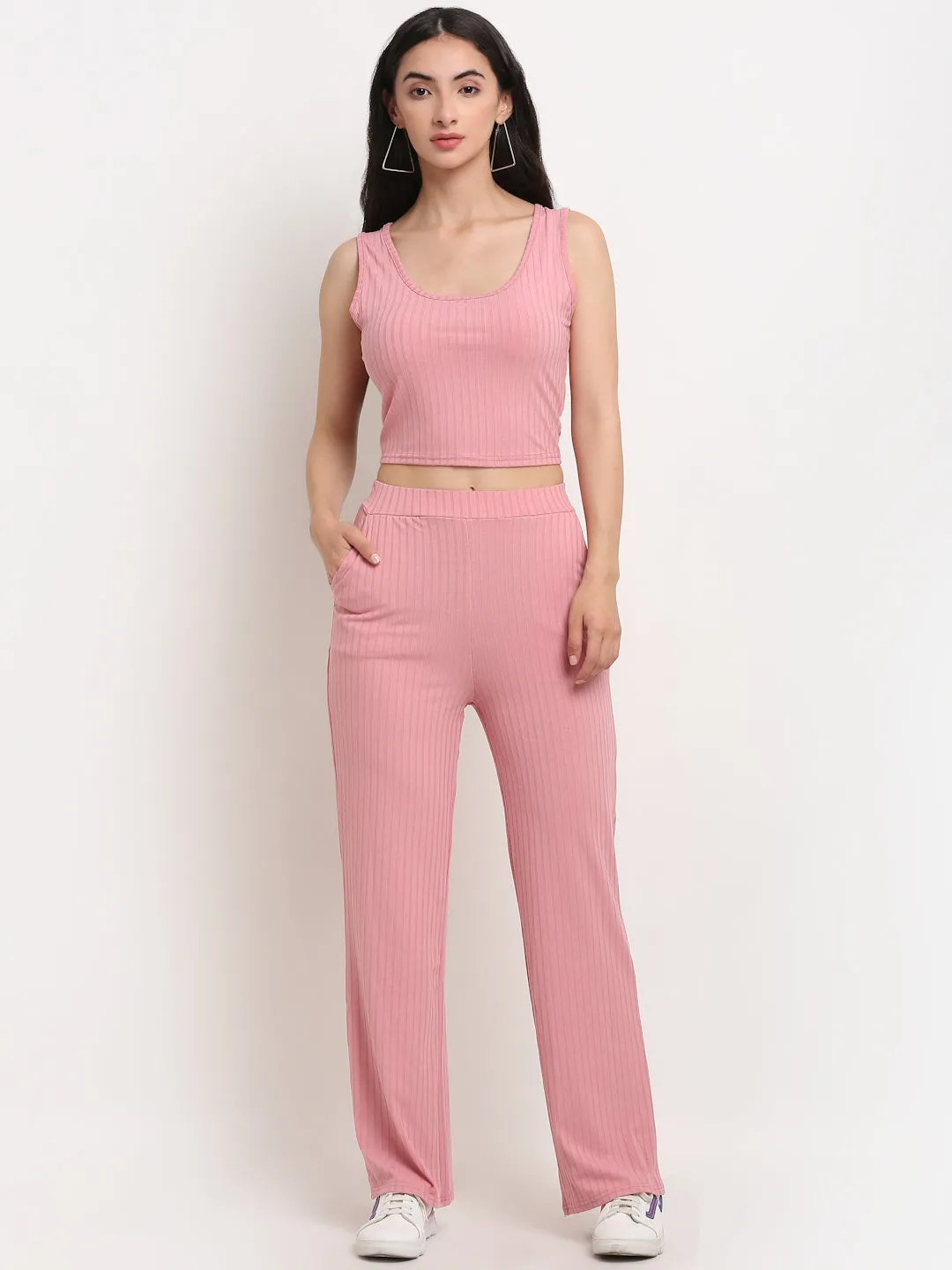 Women Pink Round Neck Solid Sets