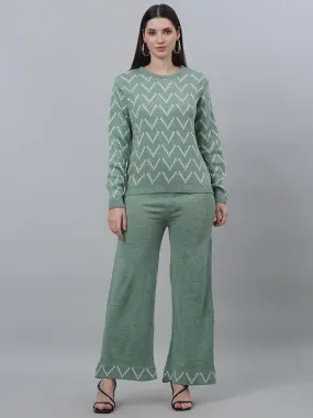 Women Printed Round Neck Full Sleeve Green Co-ord Set