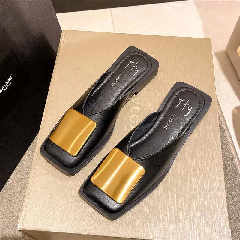 Women Slippers Mules Flat Heels Square Toe Shallow Shoes Outdoor Slide Casual Sandal