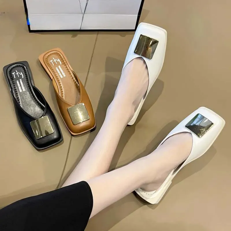 Women Slippers Mules Flat Heels Square Toe Shallow Shoes Outdoor Slide Casual Sandal