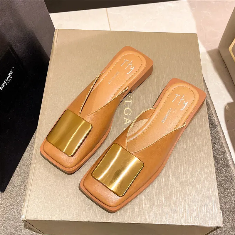 Women Slippers Mules Flat Heels Square Toe Shallow Shoes Outdoor Slide Casual Sandal