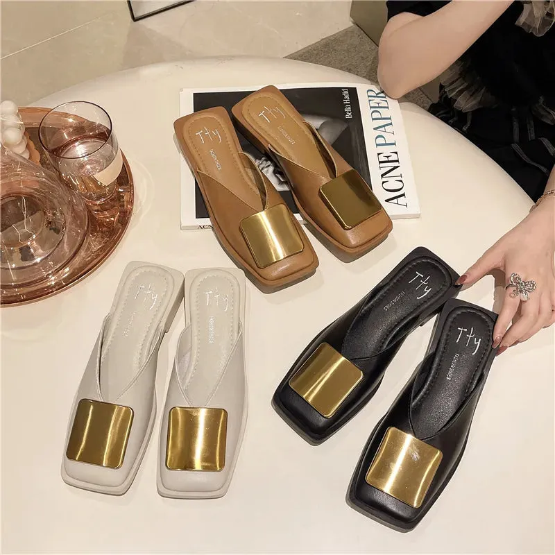 Women Slippers Mules Flat Heels Square Toe Shallow Shoes Outdoor Slide Casual Sandal