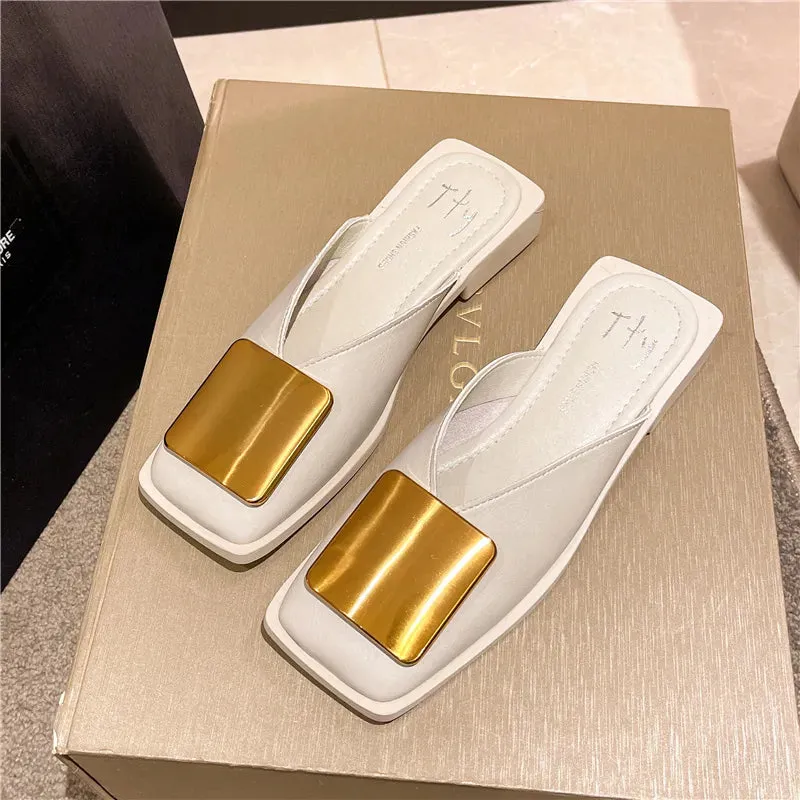 Women Slippers Mules Flat Heels Square Toe Shallow Shoes Outdoor Slide Casual Sandal