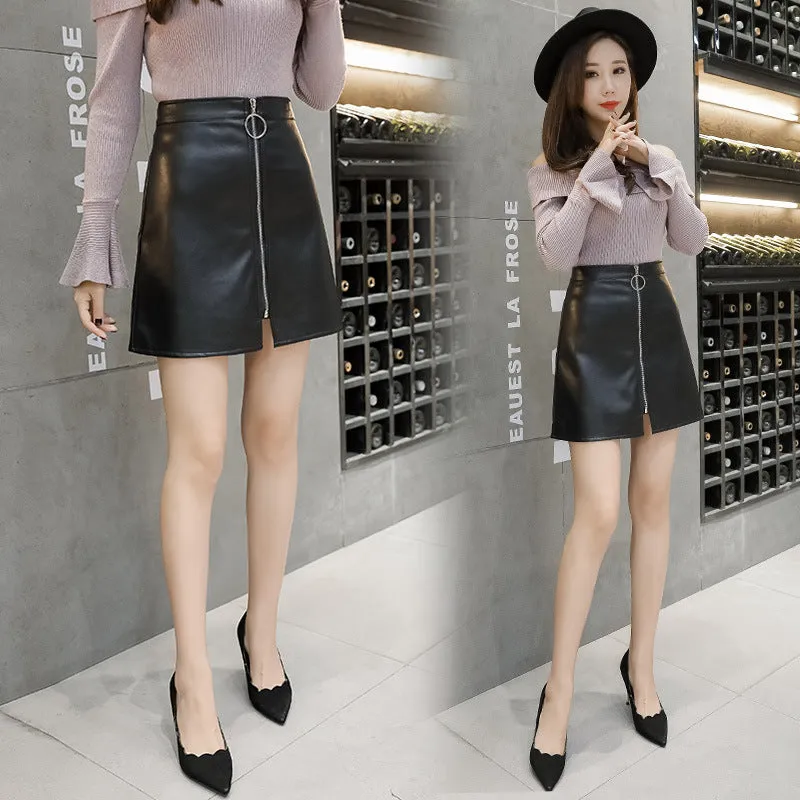 Women Zipper A-Line Skirt High Waist Hip Flattering PU Skirt