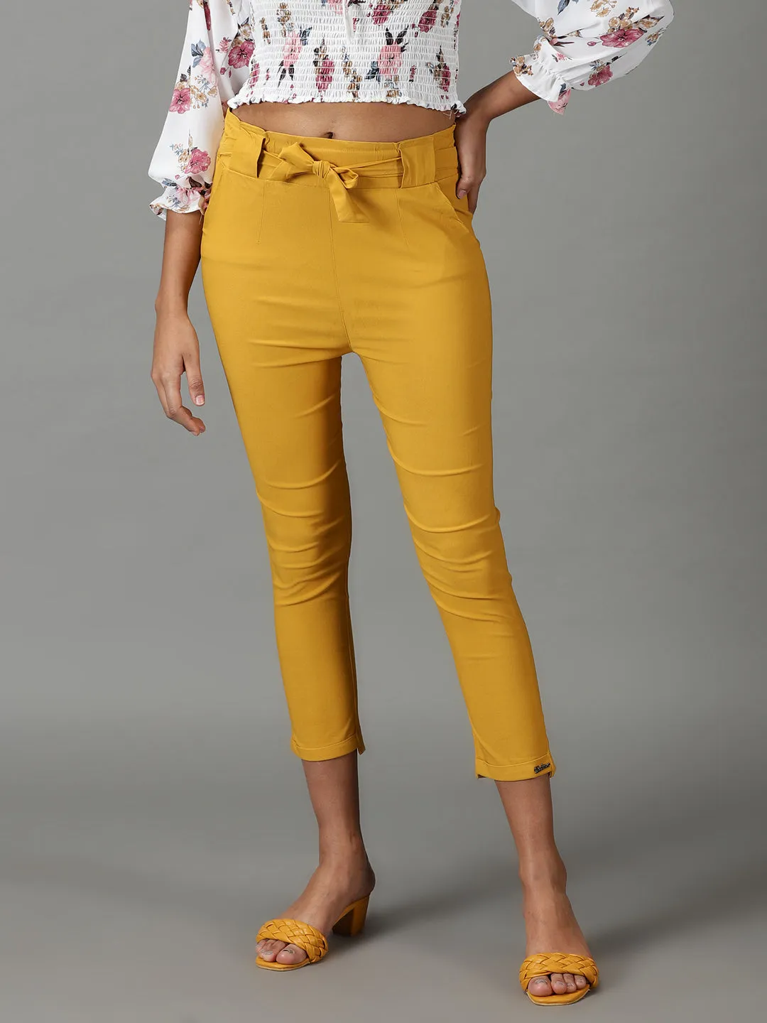 Women's Mustard Solid Cigarette Trouser