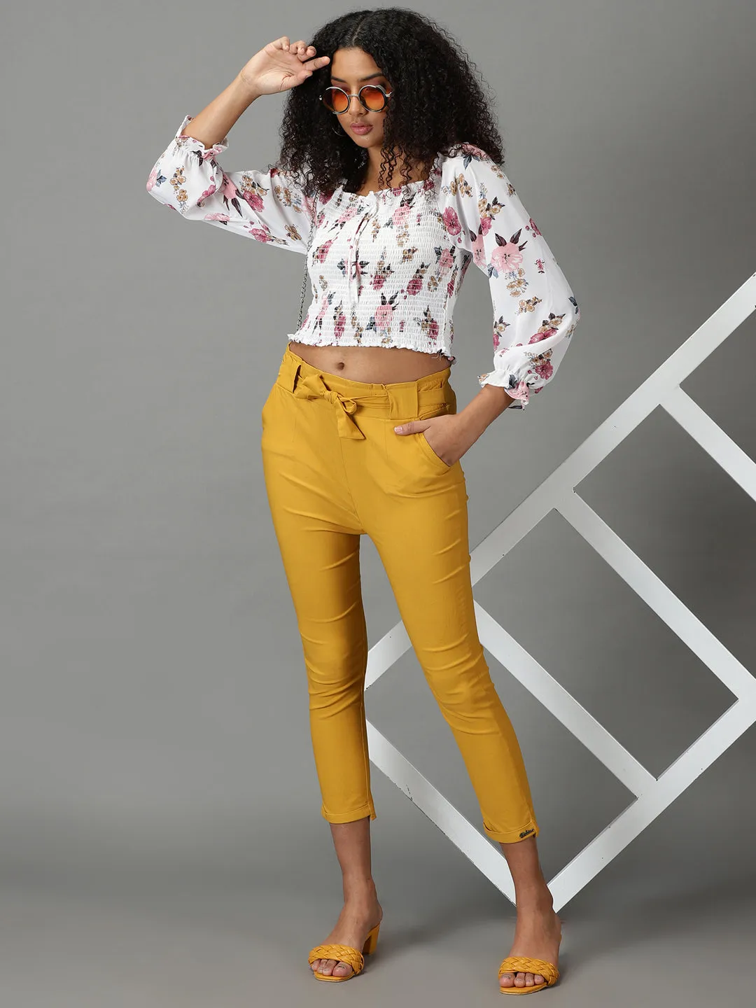 Women's Mustard Solid Cigarette Trouser