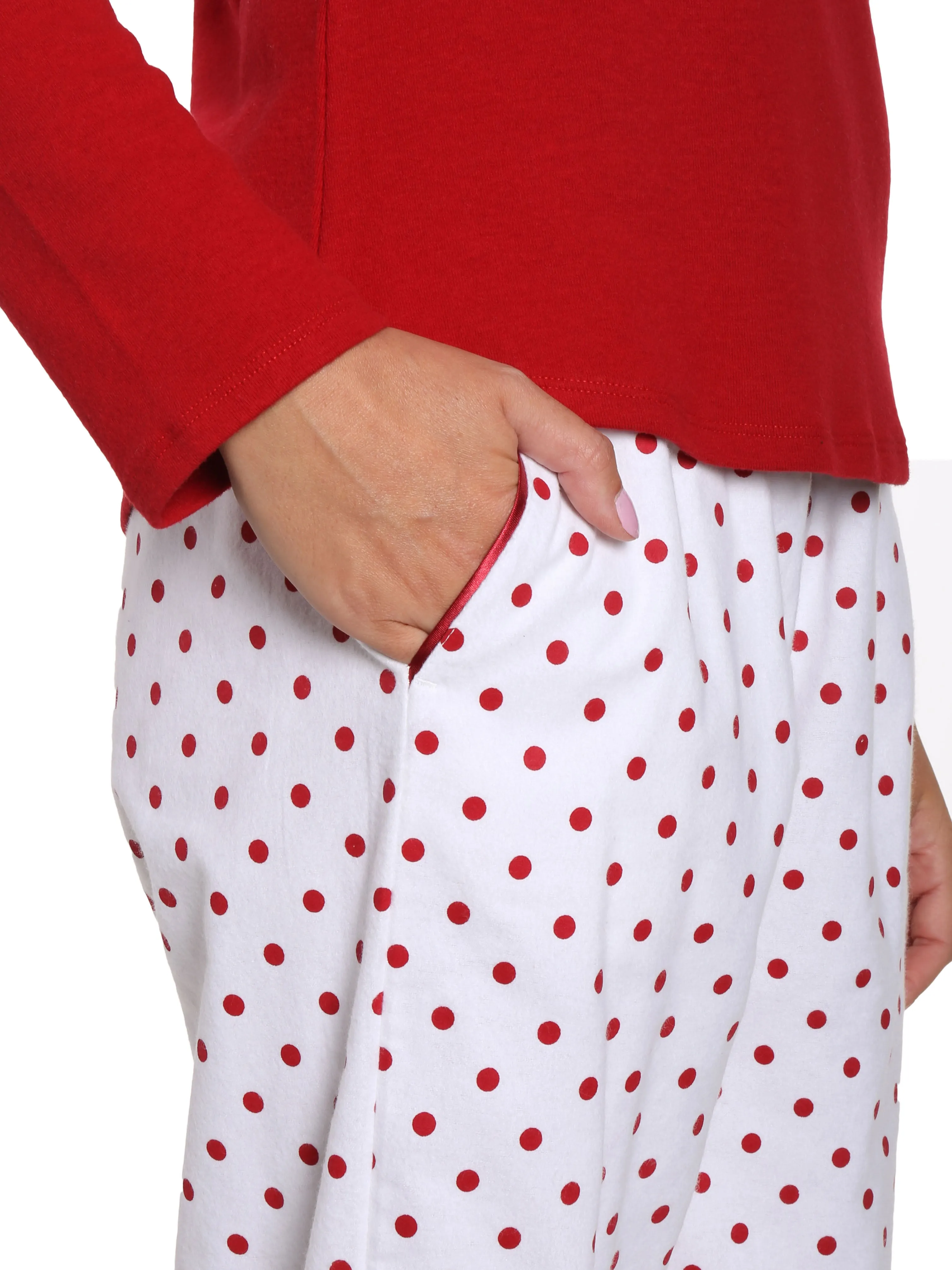 Womens Premium Cotton Flannel Loungewear Set - Dots Diva White-Red
