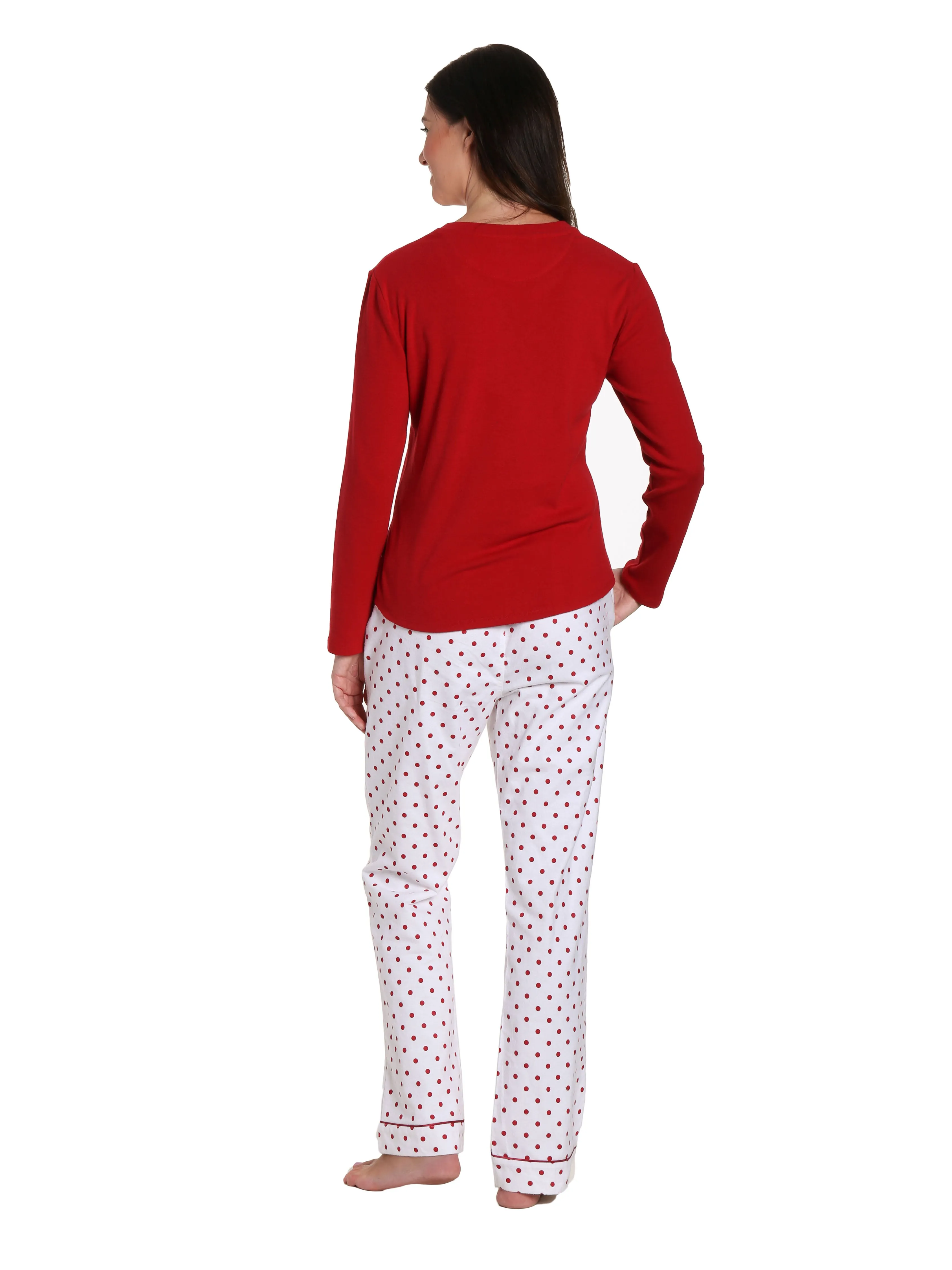 Womens Premium Cotton Flannel Loungewear Set - Dots Diva White-Red