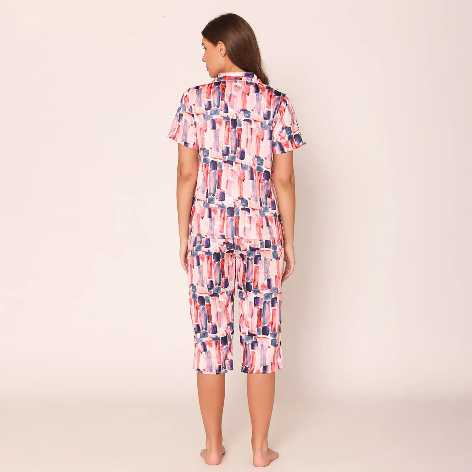 Women's Satin Paradise Night Suit Set of Shirt & Capri