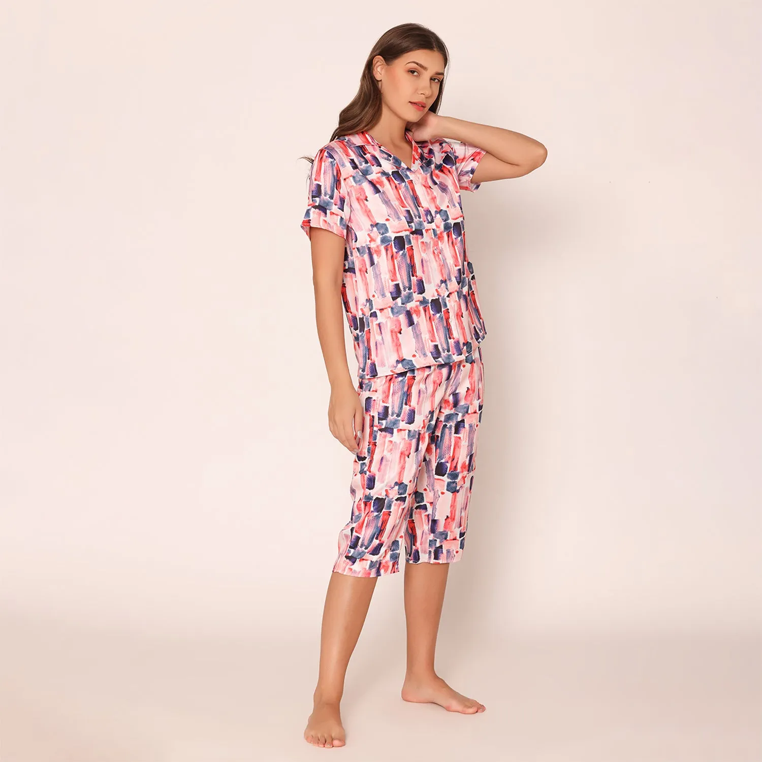 Women's Satin Paradise Night Suit Set of Shirt & Capri