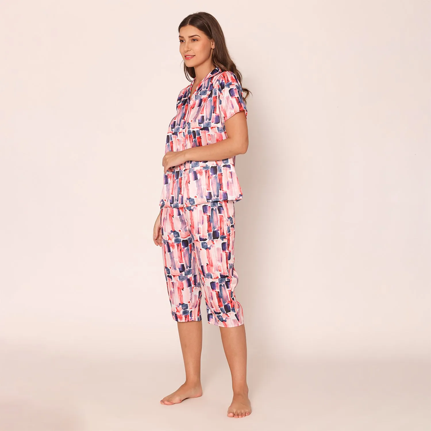 Women's Satin Paradise Night Suit Set of Shirt & Capri