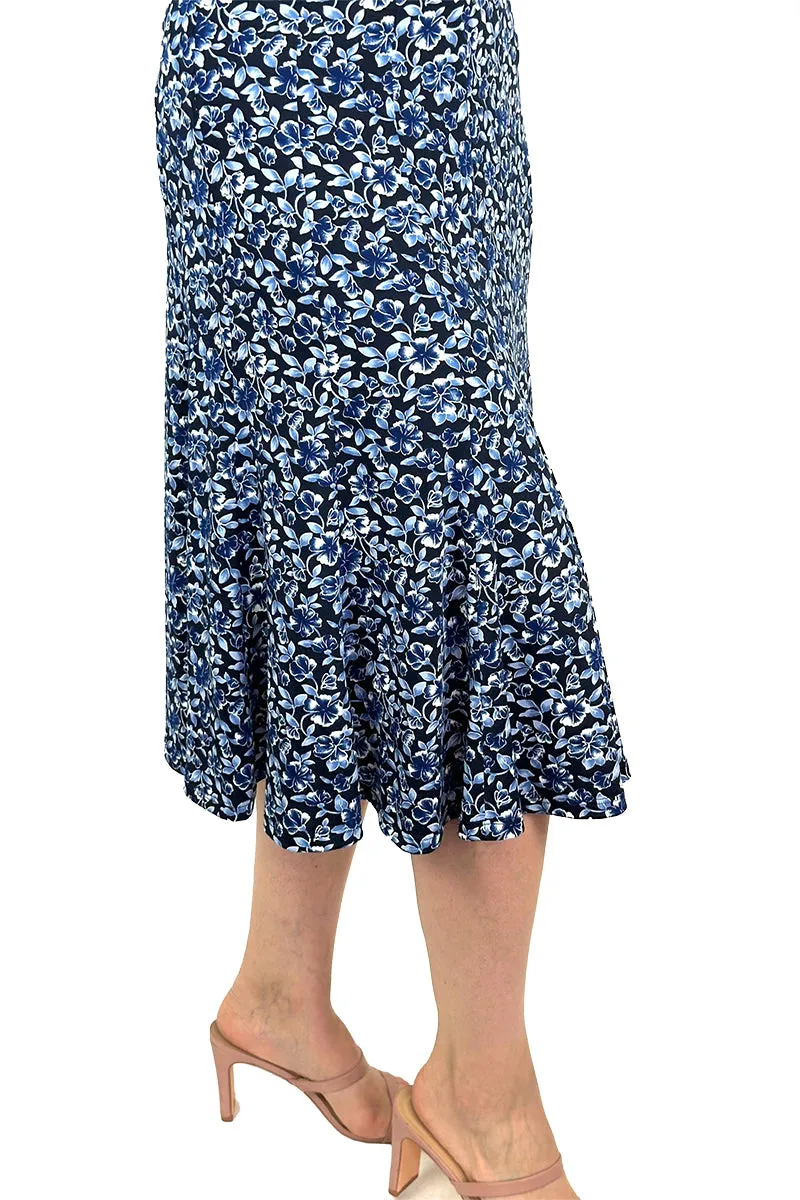 Women's Skirts on sale Navy floral print Quality Stretch fabric Flattering comfort Fit Made In Canada Yvonne Marie Boutiques